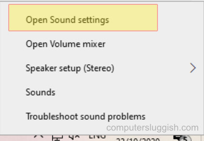 System tray sound speaker context menu.