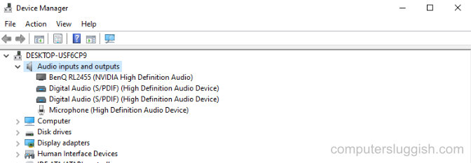 Device Manager Audio inputs and outputs expanded showing devices.