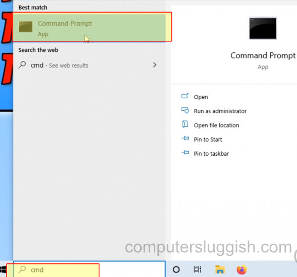 Windows 10 start menu showing Command Prompt in search.