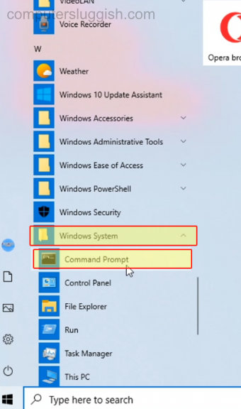 Windows 10 start menu showing Command Prompt in the list under Windows System.