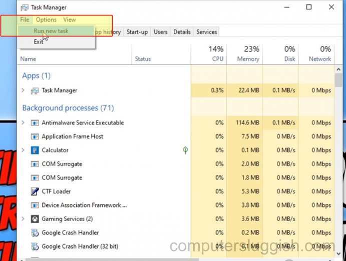Task Manager showing Run New Task option in context menu.