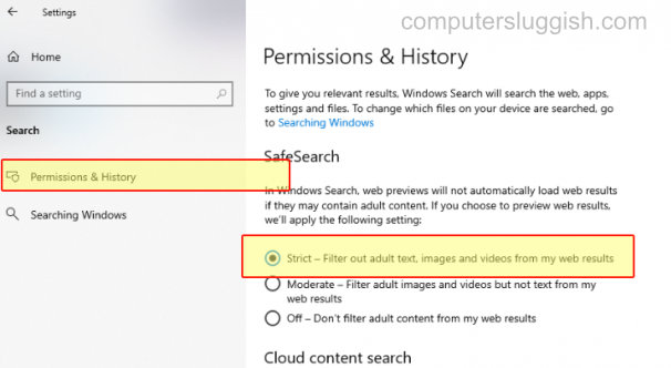 Enabling Strict in Windows SafeSearch in Permissions & History settings