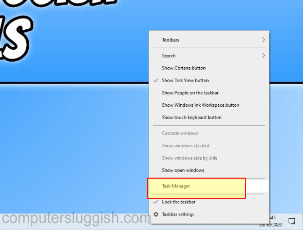Selecting Task Manager in Windows 10