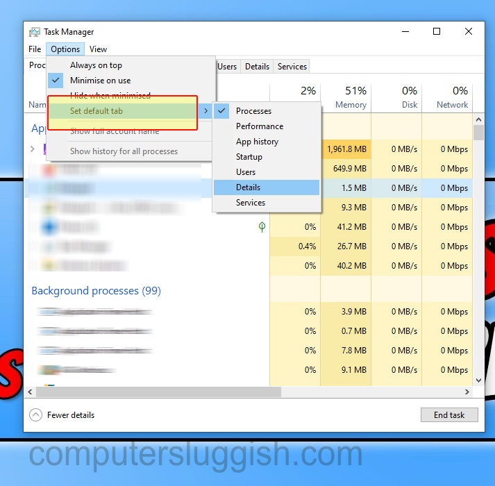 Choosing a default tab in Windows 10 Task Manager
