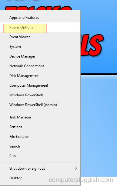 Windows 10 start menu context menu showing Power Options.