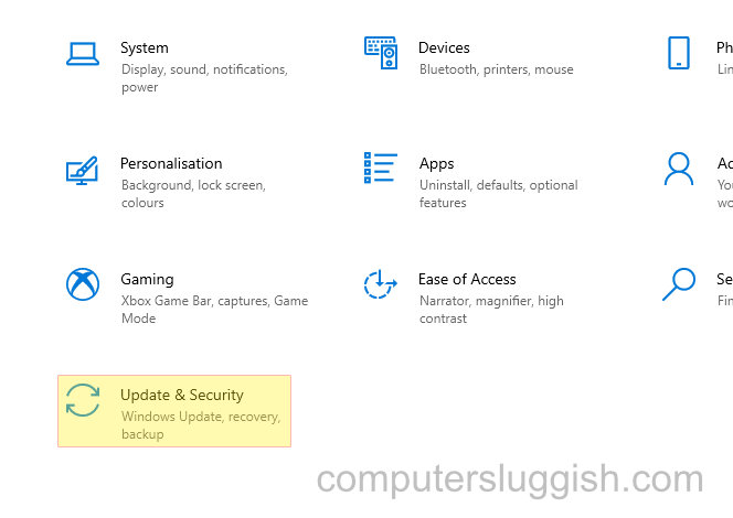 windows 10 settings selecting update and security