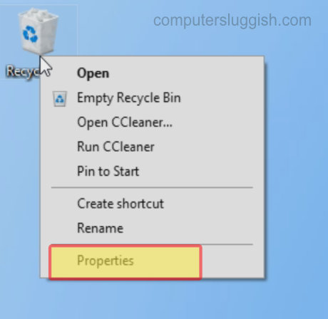 Windows 10 recycle bin context menu.