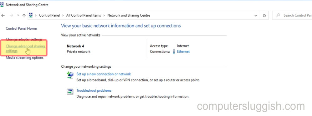 Windows 10 Network and Sharing Centre showing Change advanced sharing settings option.