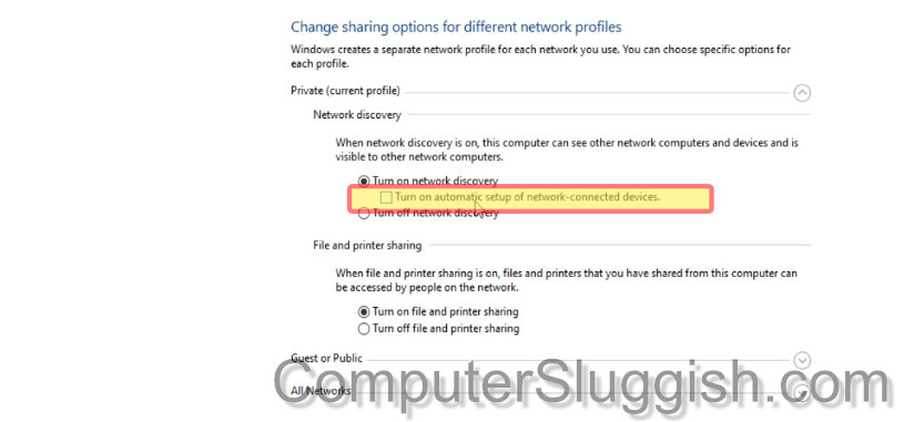 Windows 10 network showing automatic setup of network connected devices setting.