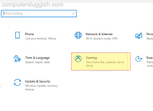 Windows 10 Settings showing Gaming option.