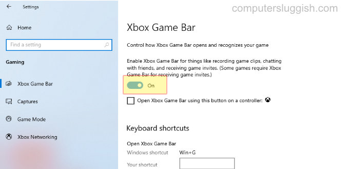 Xbox Game Bar toggle to On setting.