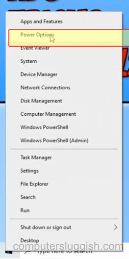 Windows 10 start context menu showing Power Options.