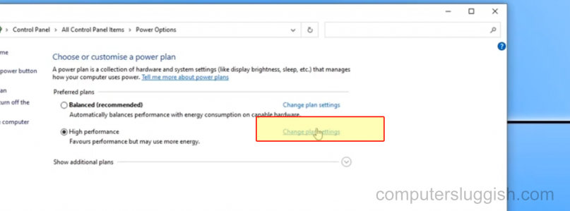 Power Options showing Change plan settings next to High Performance power plan.