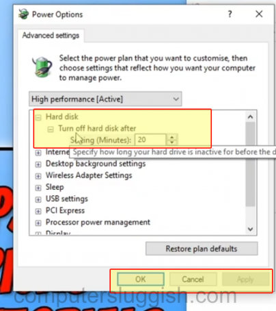 Power Options showing Turn off hard disk after setting with amount on minutes in the textbox.