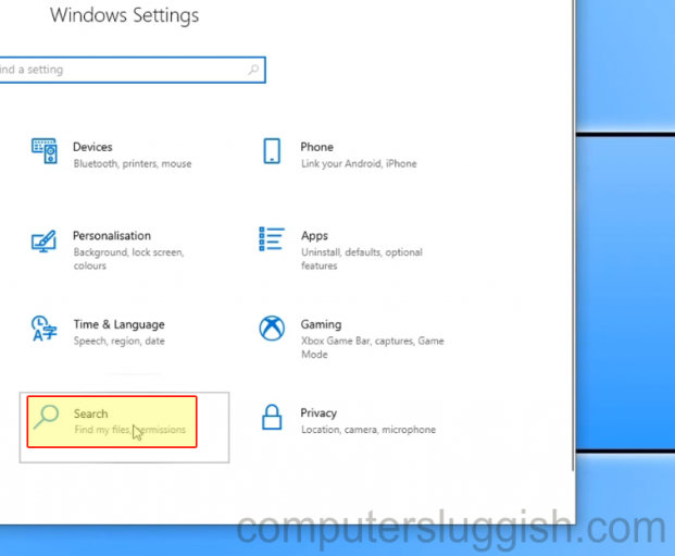 Selecting Search in Windows 10 Settings