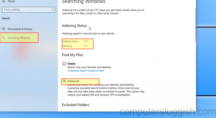Running a full search index in Windows 10