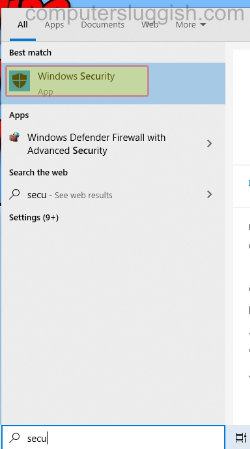 Windows 10 start menu showing Windows Security.