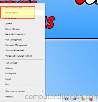 Selecting Power Options in Windows 10