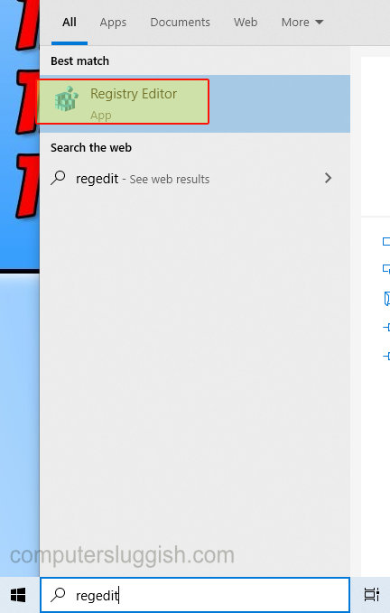 Start menu search showing Registry Editor.