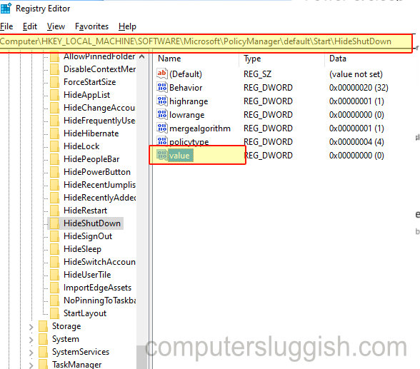 Windows 10 Registry Editor showing list of keys.
