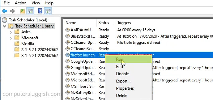 Task Scheduler context menu showing Run for a created task.
