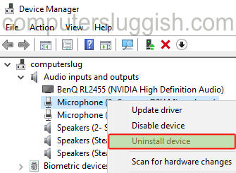 Device Manager showing context menu for a device.
