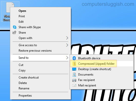 Windows 10 showing file context menu with Compressed (zipped) folder option.
