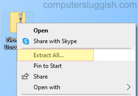 Windows 10 zip folder context menu showing Extra All option.