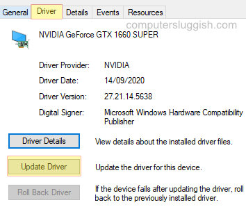 Device Manager device properties window showing driver tab.