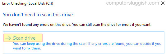 Error checking window showing Scan Drive option.