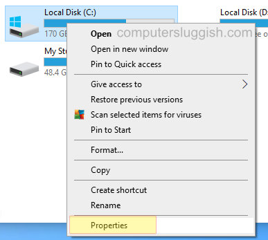 Right click hard drive showing context menu with properties option.