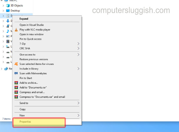 File Explorer showing Documents context menu with Properties option.