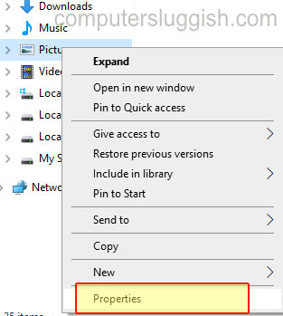 File Explorer showing Pictures context menu with Properties option.