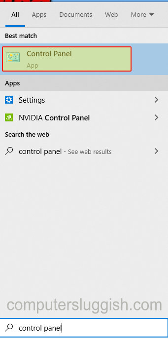 Windows 10 start menu search Control Panel.