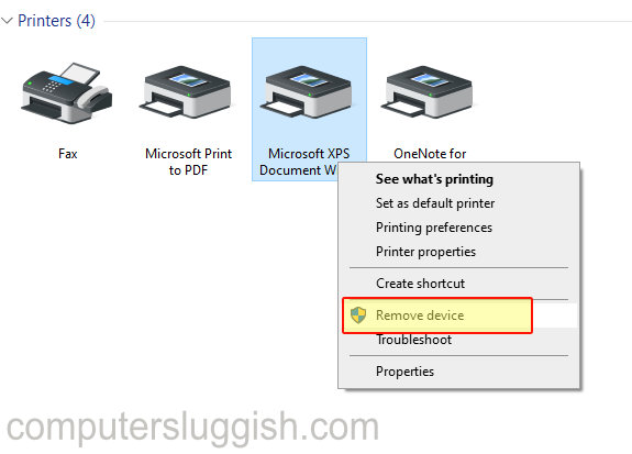 Printers context menu showing Remove Device option.