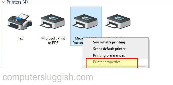 Printer context menu showing Device Properties option.