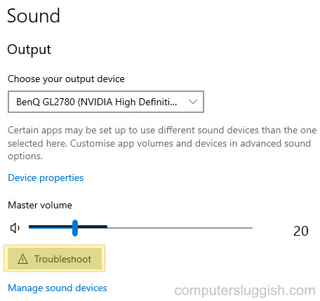 Troubleshoot button in Windows 10 sound settings