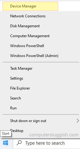 Windows 10 start context menu showing Device Manager option.