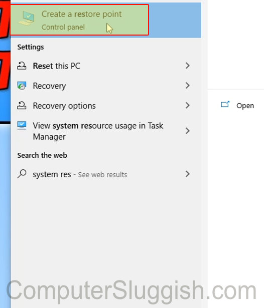 Windows 10 start menu search showing Create a restore point.