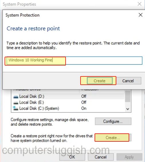 Create a restore point window showing textbox to choose name for you system restore.