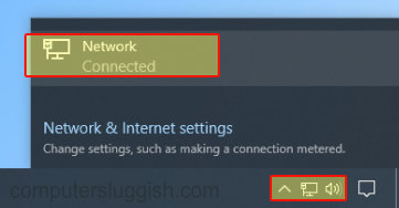 Windows 10 system tray showing Network icon expanded.