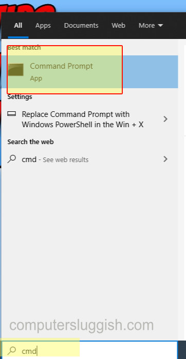 Windows 10 start menu search showing Command Prompt.