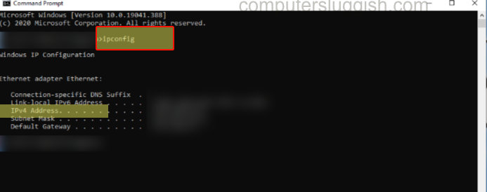 Command Prompt showing ipconfig command.