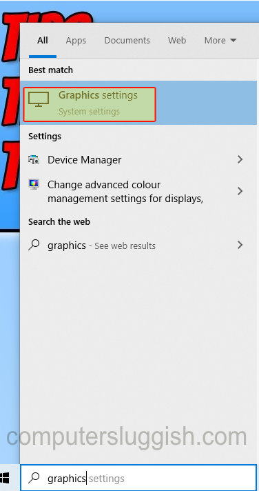 Windows 10 start menu showing Graphics settings in search.