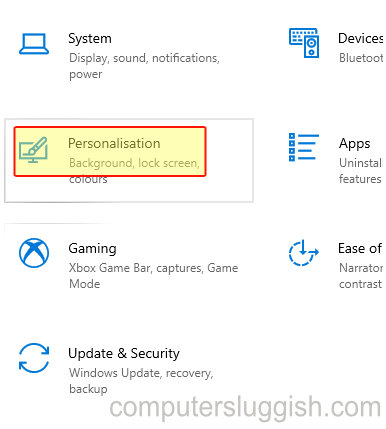 Windows 10 Settings showing Personalisation option.