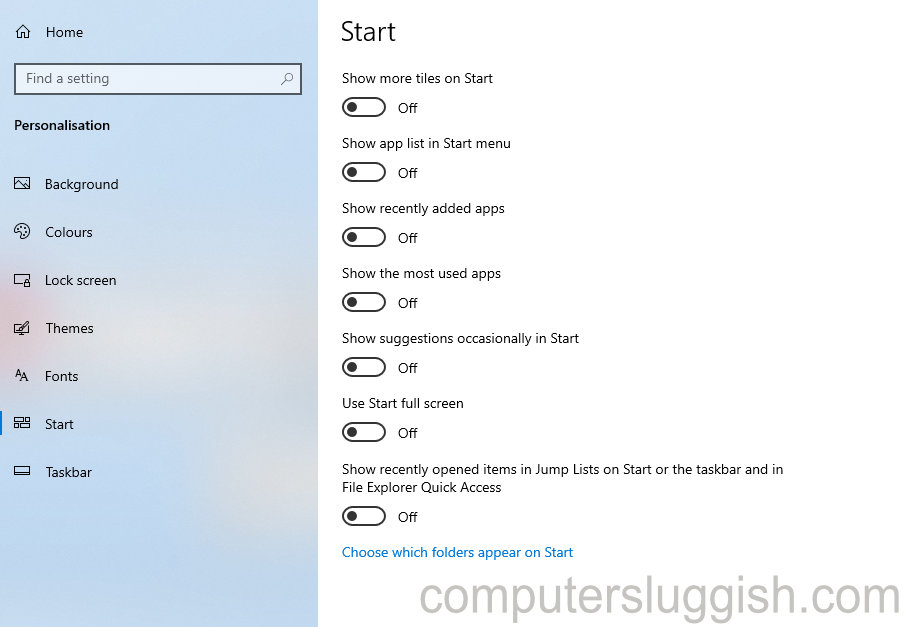 Windows 10 Settings showing list of options for Start.