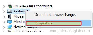 Device Manager Keyboard context menu showing properties.