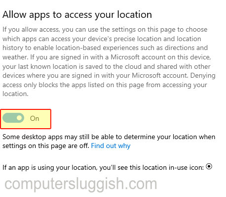 Allow apps to access your location with toggle option.