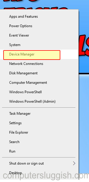 Windows 10 start context menu showing Device Manager.