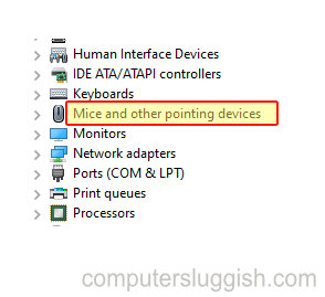 Device Manager showing Mice and other pointing devices menu.